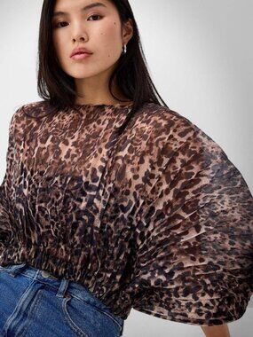 NWT Pleated organza leopard butterfly-sleeve blouse